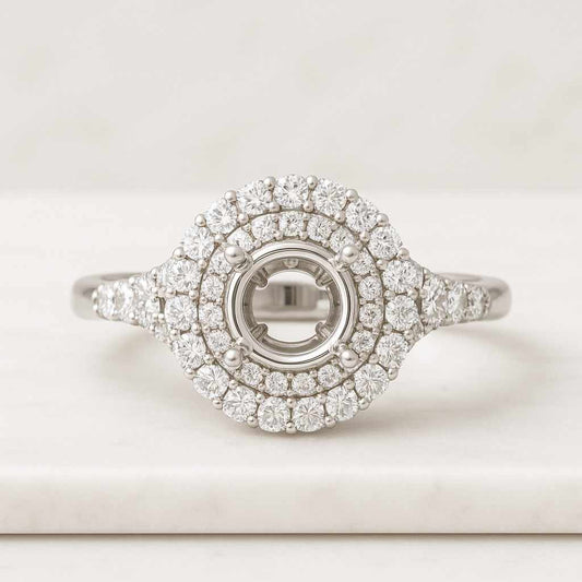 Double Halo Engagement Ring Champagne Pear with Round cut Double Halo Bridal Silver Ring