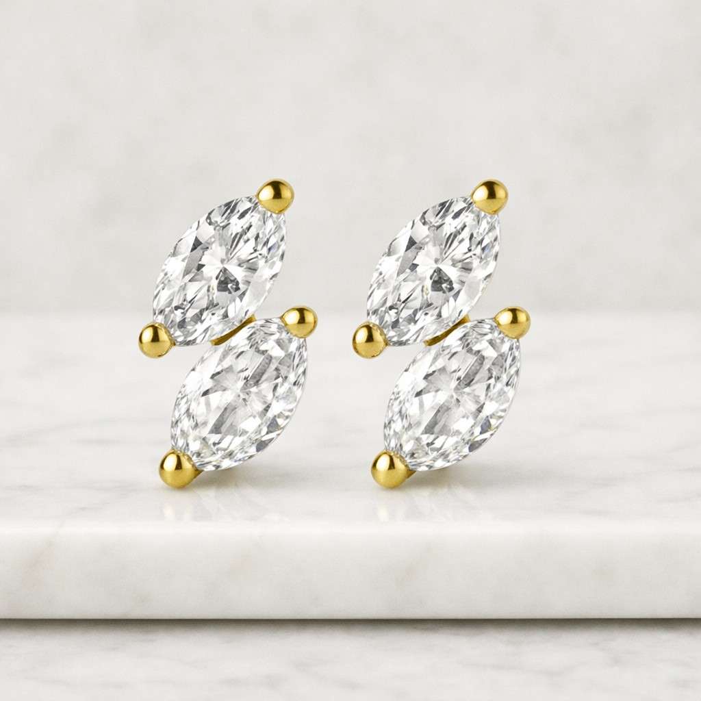 double marquise cut lab grown diamond stud earrings 2.40 ctw | marquise diamond studs | two stone diamond earrings | gold fine jewelry
