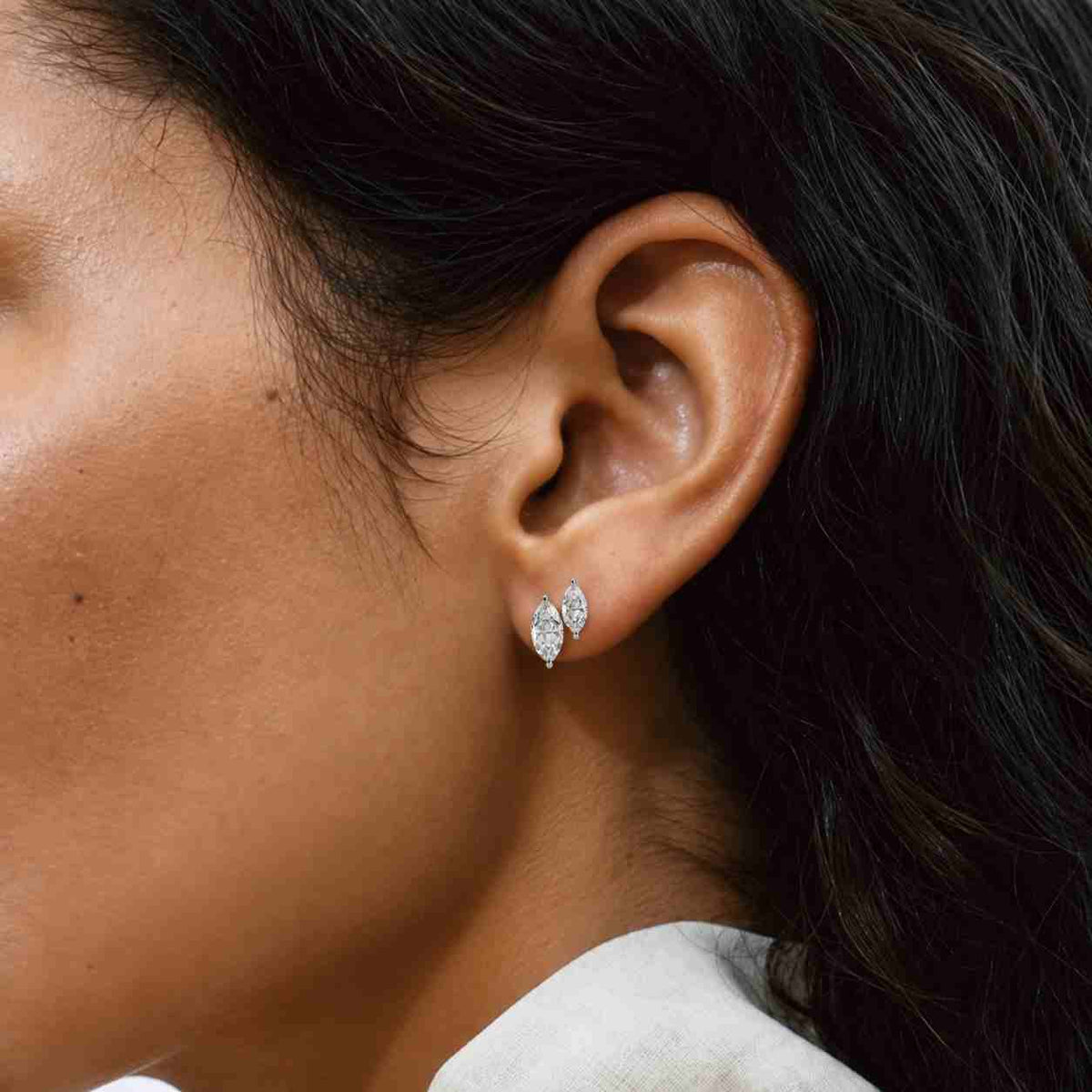 Double Marquise Diamond Stud Dainty Sparkle Lab Diamond 14k Real Gold Minimalist Earring Modern Everyday Fine Jewelry
