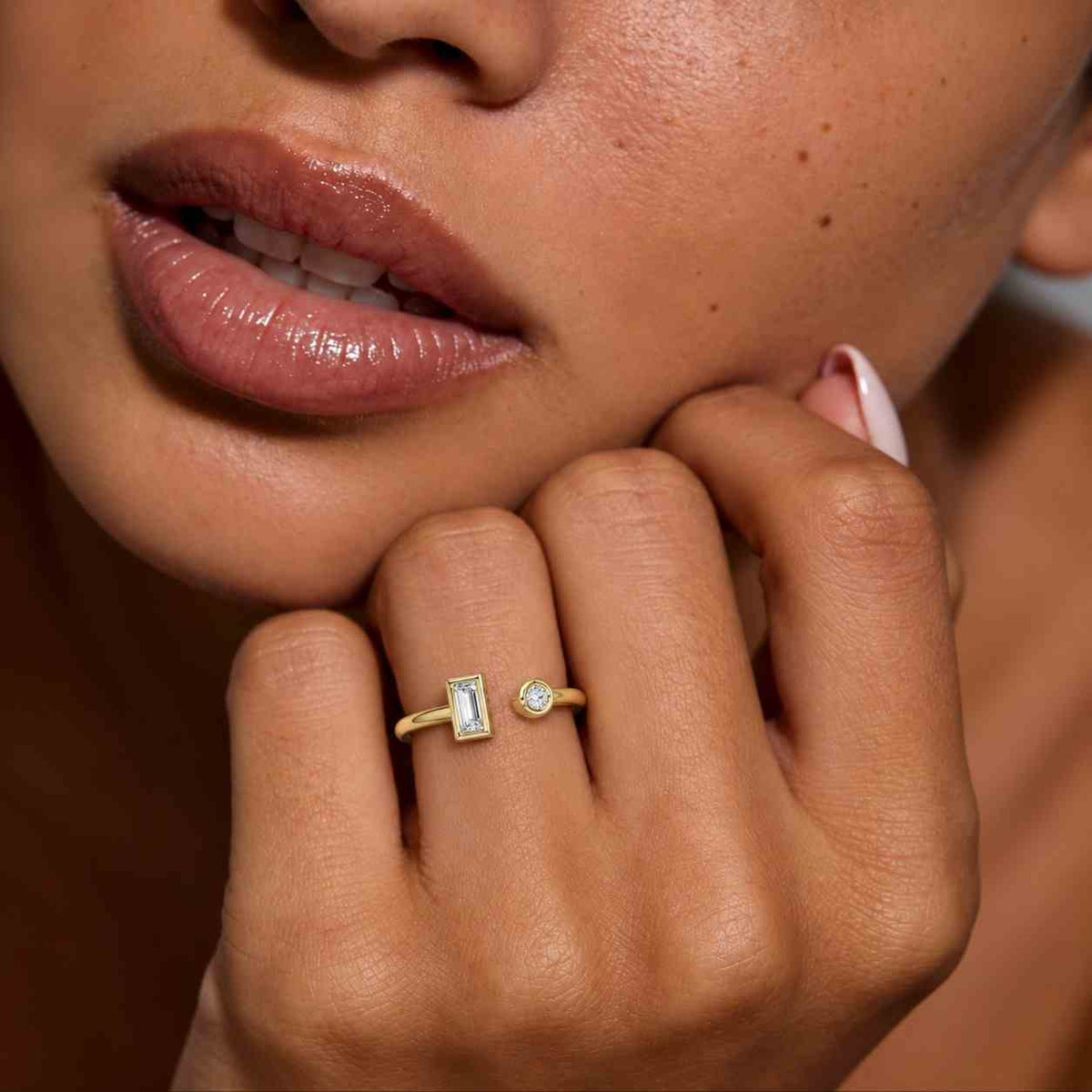 dual open cuff diamond ring, silver 14k bezel two stone band, anniversary gift
