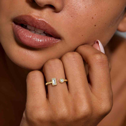 Dual Open Cuff Diamond Ring, Silver 14k Bezel Two Stone Band, Anniversary Gift
