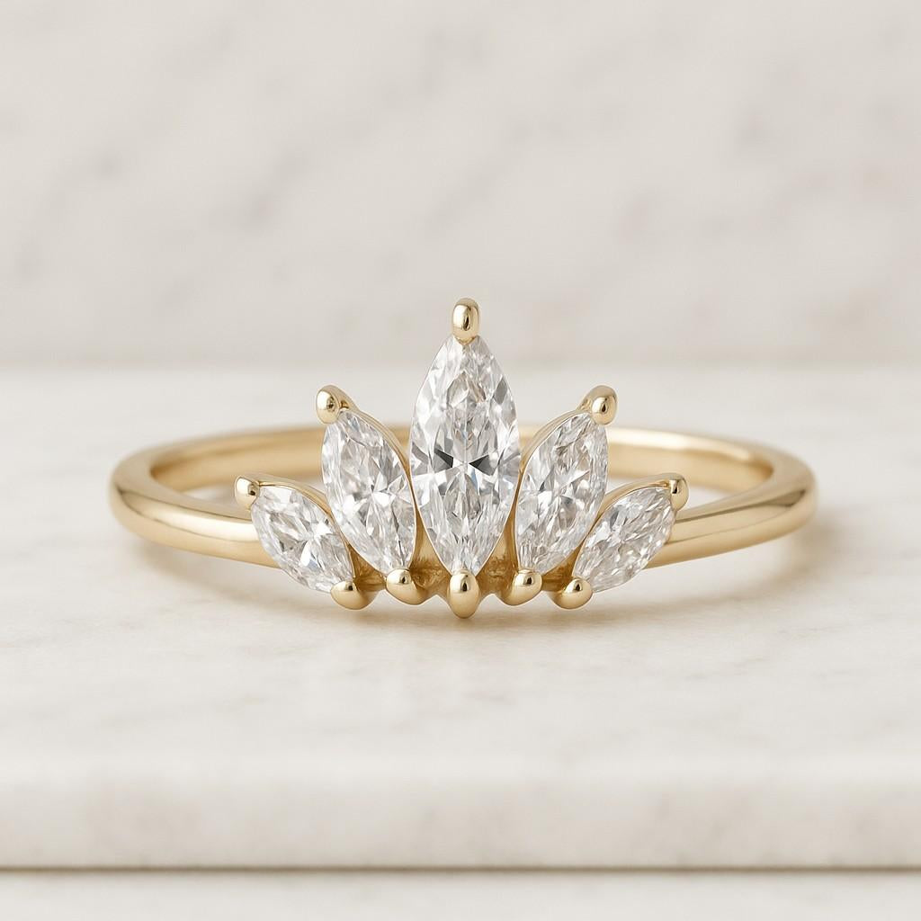 Custom Curved Wedding Band Women's Vintage Rose Gold Marquise Cut Diamond Wedding Band Real Lab Grown Diamond Marquise Bridal Stacking Ring