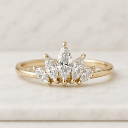 Custom Curved Wedding Band Women's Vintage Rose Gold Marquise Cut Diamond Wedding Band Real Lab Grown Diamond Marquise Bridal Stacking Ring