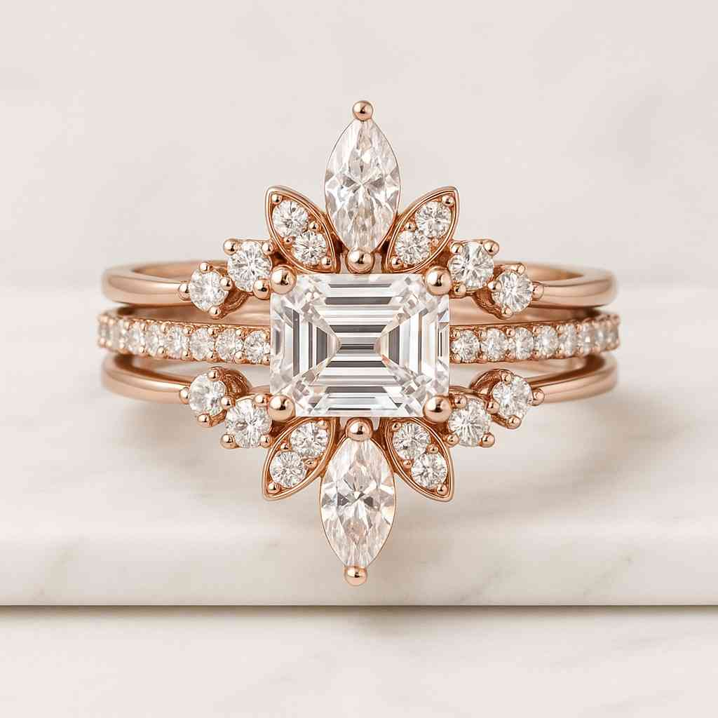 Dutch Marquise Diamond Nature Inspired Wedding Ring with Side Green Emerald, Side Marquise and Round Gemstone Engagement Ring