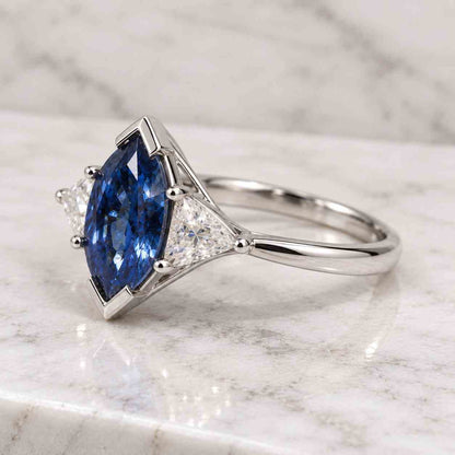 Dutch Marquise Lab Grown Blue Sapphire Ring, Trapezoid Side Stone 925 Silver Bridal Ring
