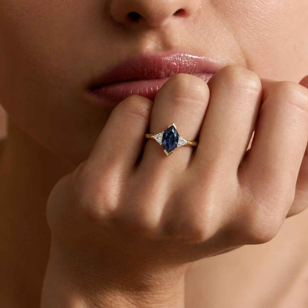 dutch marquise lab grown diamond engagement ring, blue sapphire nature inspired leaf ring, 14k yellow gold unique bridal ring for women
