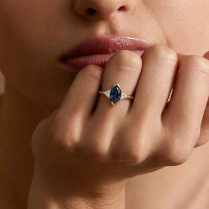 Dutch Marquise Lab Grown Diamond Engagement Ring, Blue Sapphire Nature Inspired Leaf Ring, 14k Yellow Gold Unique Bridal Ring for Women
