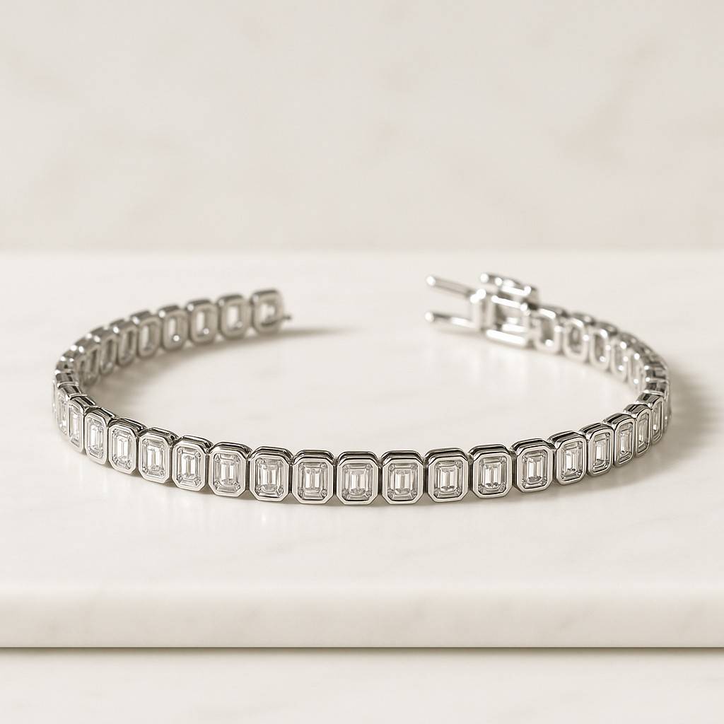 East-West Emerald Cut Diamond Tennis Bracelet by Sevgi Jewelry Bezel set Line Bracelet
