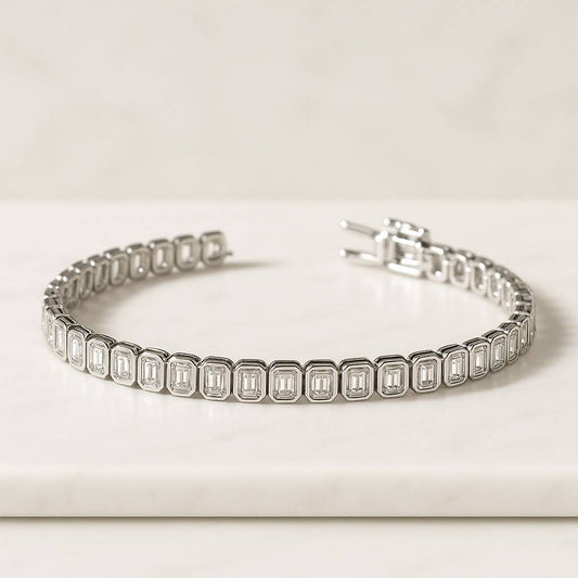 East-West Emerald Cut Diamond Tennis Bracelet by Sevgi Jewelry Bezel set Line Bracelet
