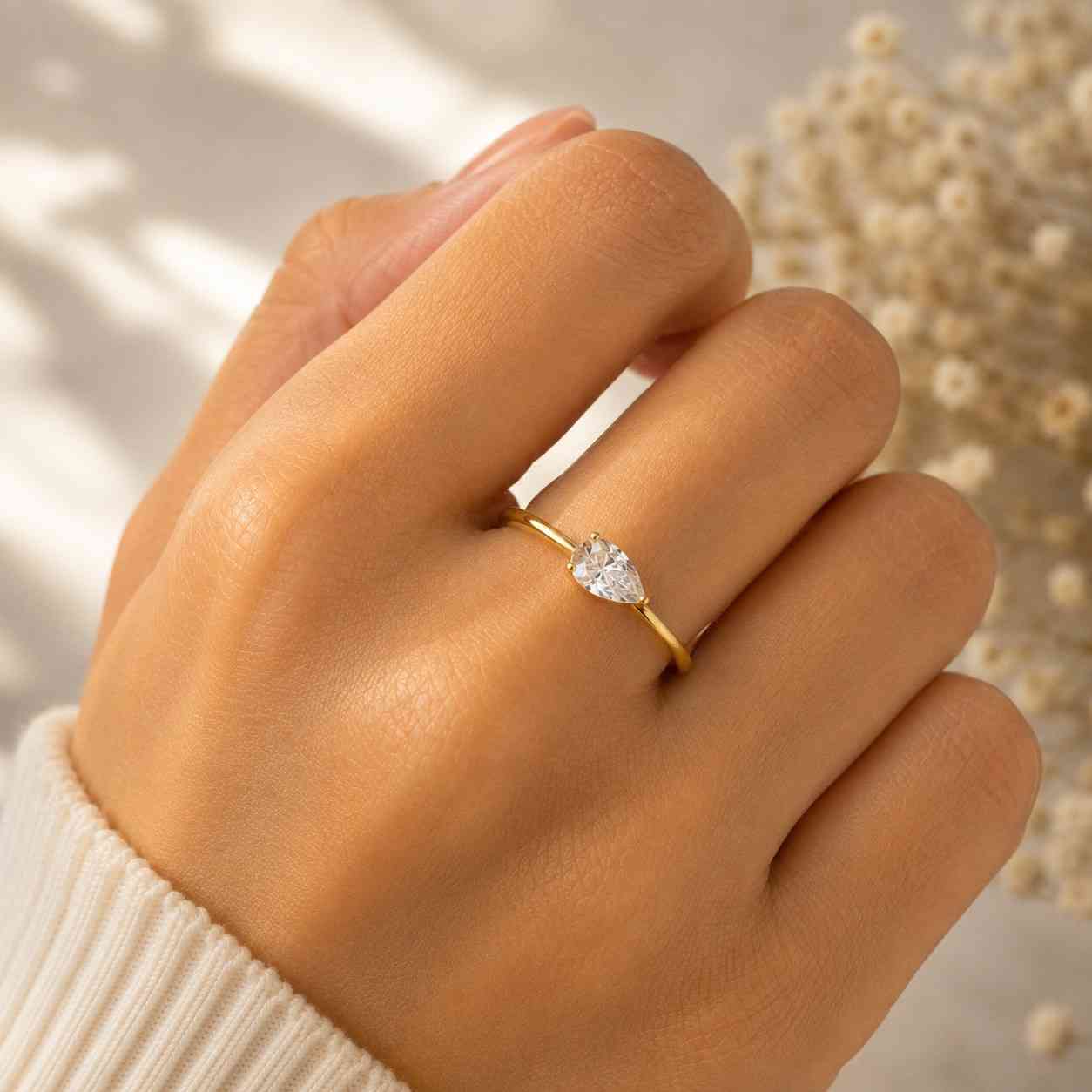 East-West Pear Lab Grown Diamond Solitaire Ring: 1-2 CT, White Gold