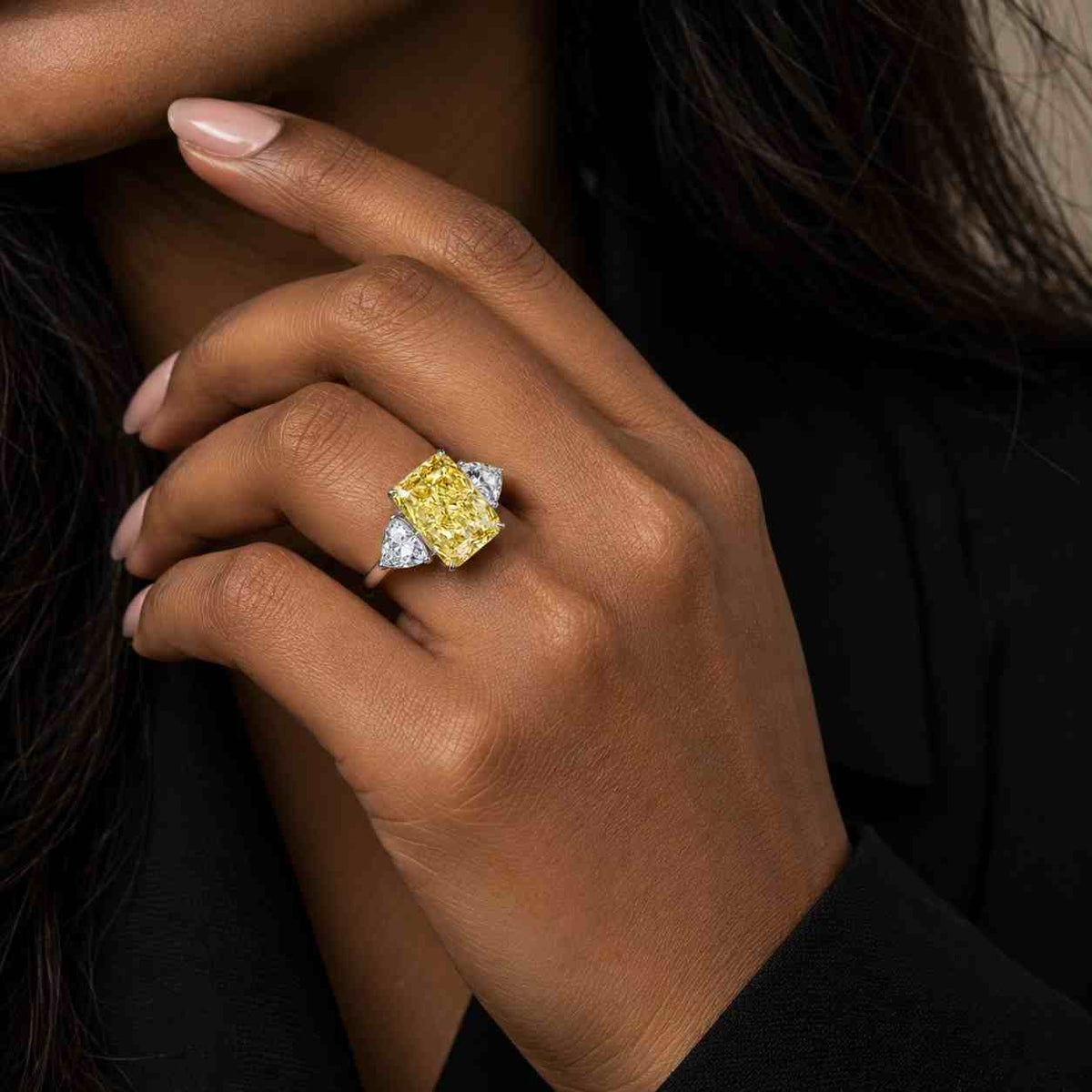  east-west vivid yellow radiant cut lab-grown diamond or moissanite engagement ring, hidden halo, 14k gold