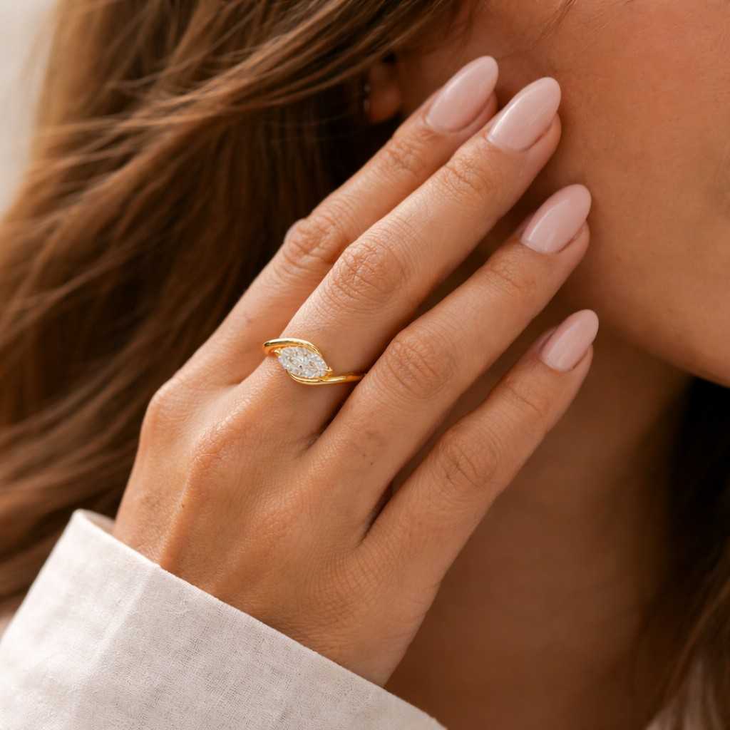 Solid Gold Marquise Cut Moissanite Engagement Ring Bypass Ring