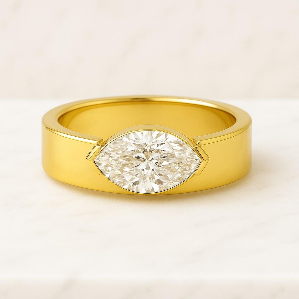 East To West Half Bezel Set Ring 14K Yellow Gold Solitaire Ring 3.00 CT Marquise Cut Lab Grown Diamond Ring Cigar Matching Wedding Band