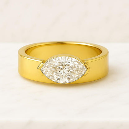 East To West Half Bezel Set Ring 14K Yellow Gold Solitaire Ring 3.00 CT Marquise Cut Lab Grown Diamond Ring Cigar Matching Wedding Band