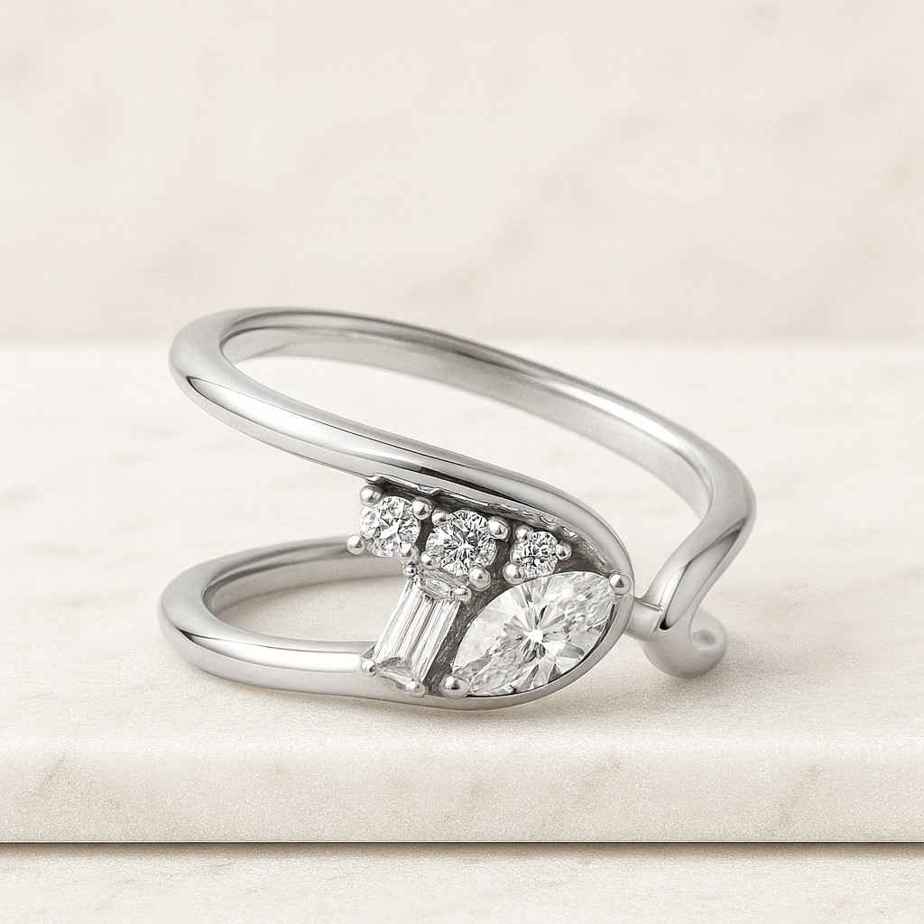 East To West Oval Cut Moissanite Ring Set Two Stone Ring 14K Yellow Gold Unique Shank Bridal Ring Set Waves Stackable Engagement Band