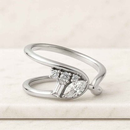 East To West Oval Cut Moissanite Ring Set Two Stone Ring 14K Yellow Gold Unique Shank Bridal Ring Set Waves Stackable Engagement Band