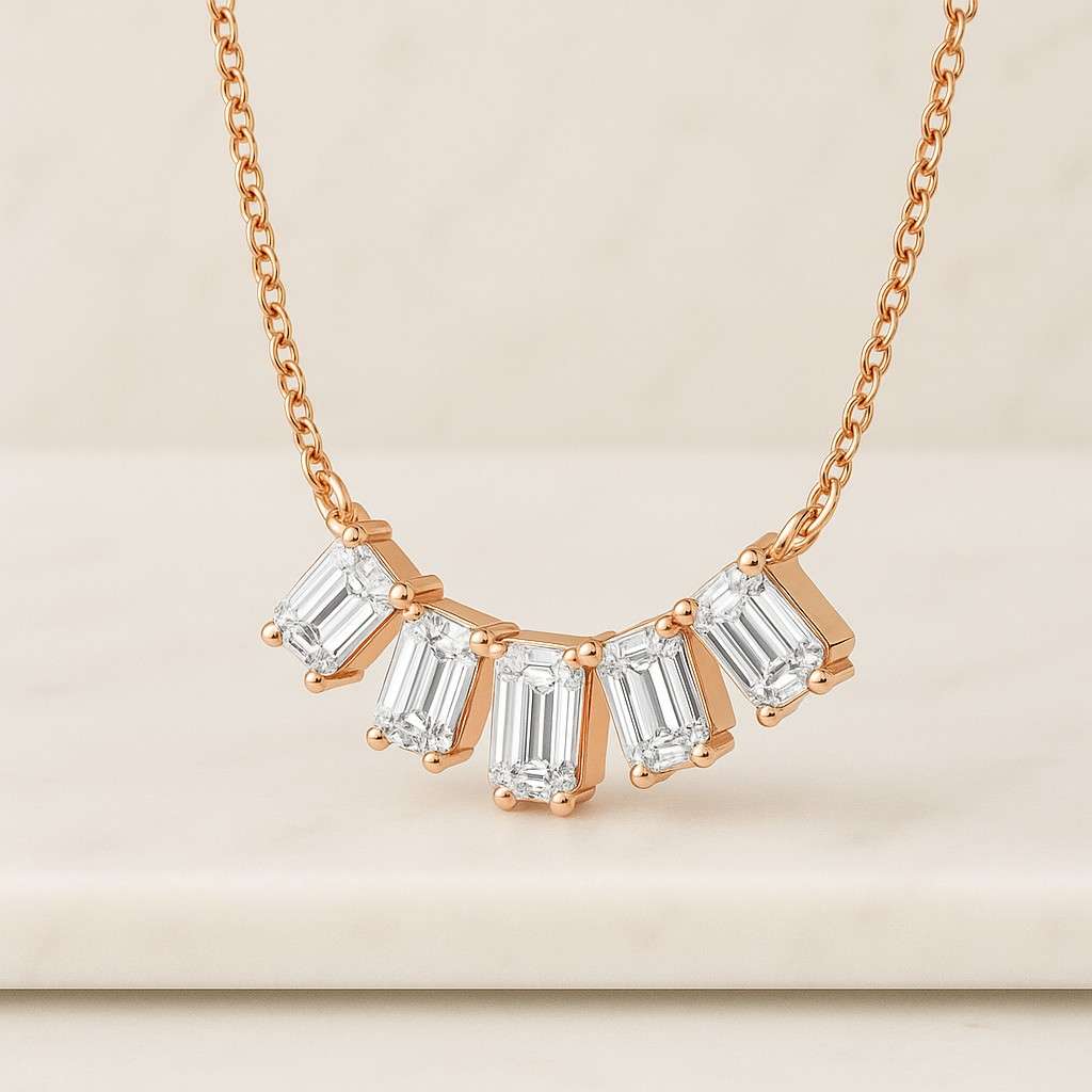 East West Emerald Cut Diamond Necklace Lab Grown Diamond Bezel Set Necklace