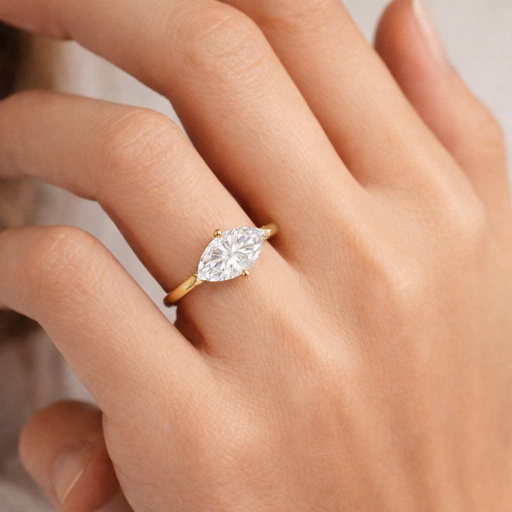 east west marquise cut moissanite engagement ring, horizontal solitaire diamond proposal ring in 18k solid gold, daily wear wedding jewelry
