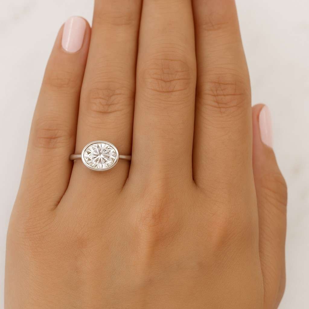 east west oval cut lab diamond engagement ring  bezel set solitaire in 14k gold  conflict-free wedding ring gift for her