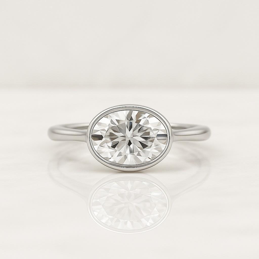 East West Oval Cut Lab Diamond Engagement Ring  Half Bezel Set Solitaire in 14K Gold  Conflict-Free Wedding Ring Gift for Her