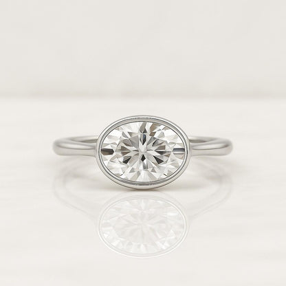 East West Oval Cut Lab Diamond Engagement Ring  Half Bezel Set Solitaire in 14K Gold  Conflict-Free Wedding Ring Gift for Her