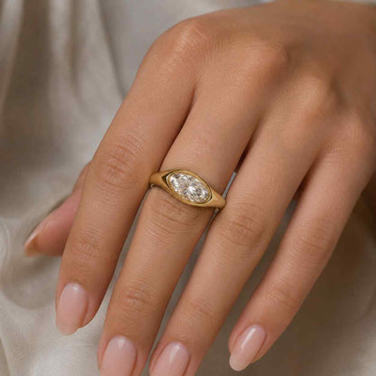 East West Oval Cut Lab Grown Diamond Half Bezel Set Engagement Ring, Unisex Solitaire Ring, Gift for HerHim