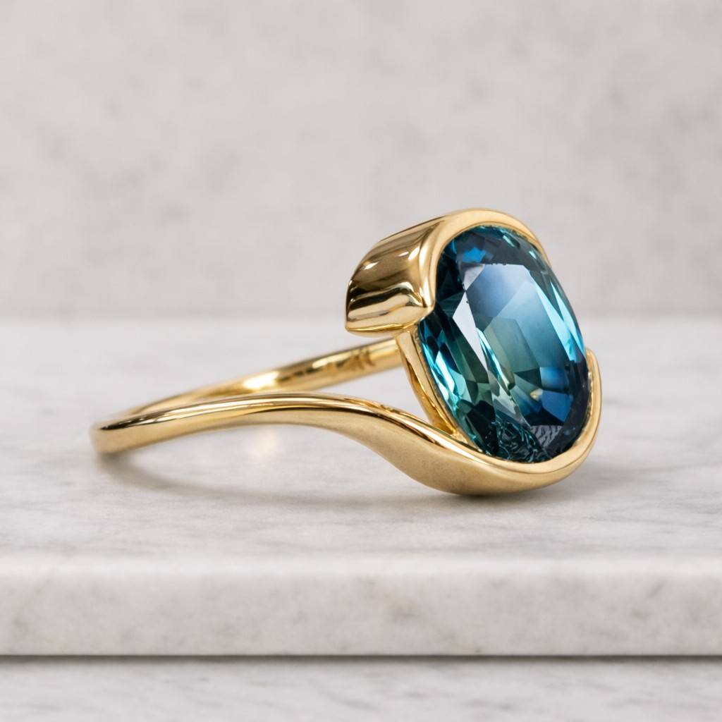 east west oval sapphire ring, 14k solid gold wide band ring, blue gemstone solitaire ring, minimalist engagement ring, statement gold ring
