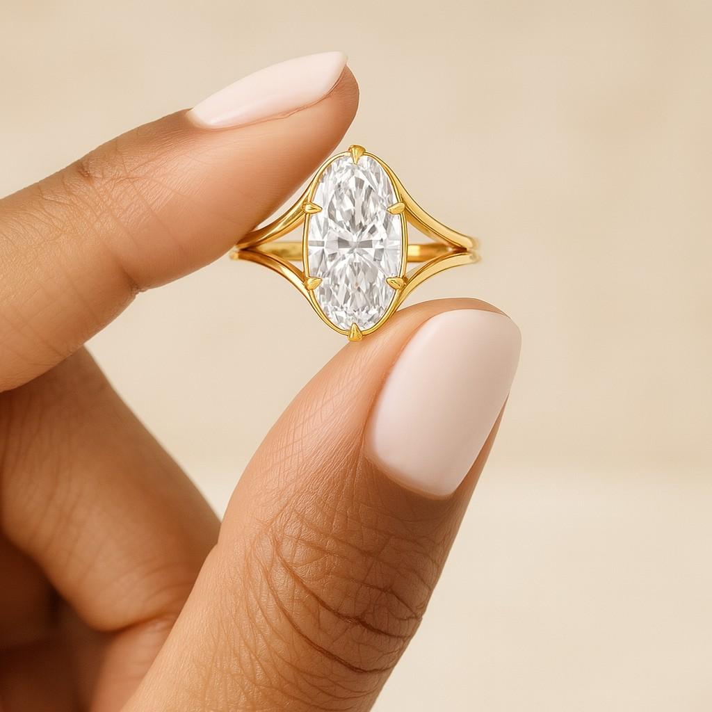 East West Set Old Mine Moval Cut Diamond Solitaire Ring Side Round Lab Diamond Starburst Ring Engagement Ring For Her Half Bezel Set Ring