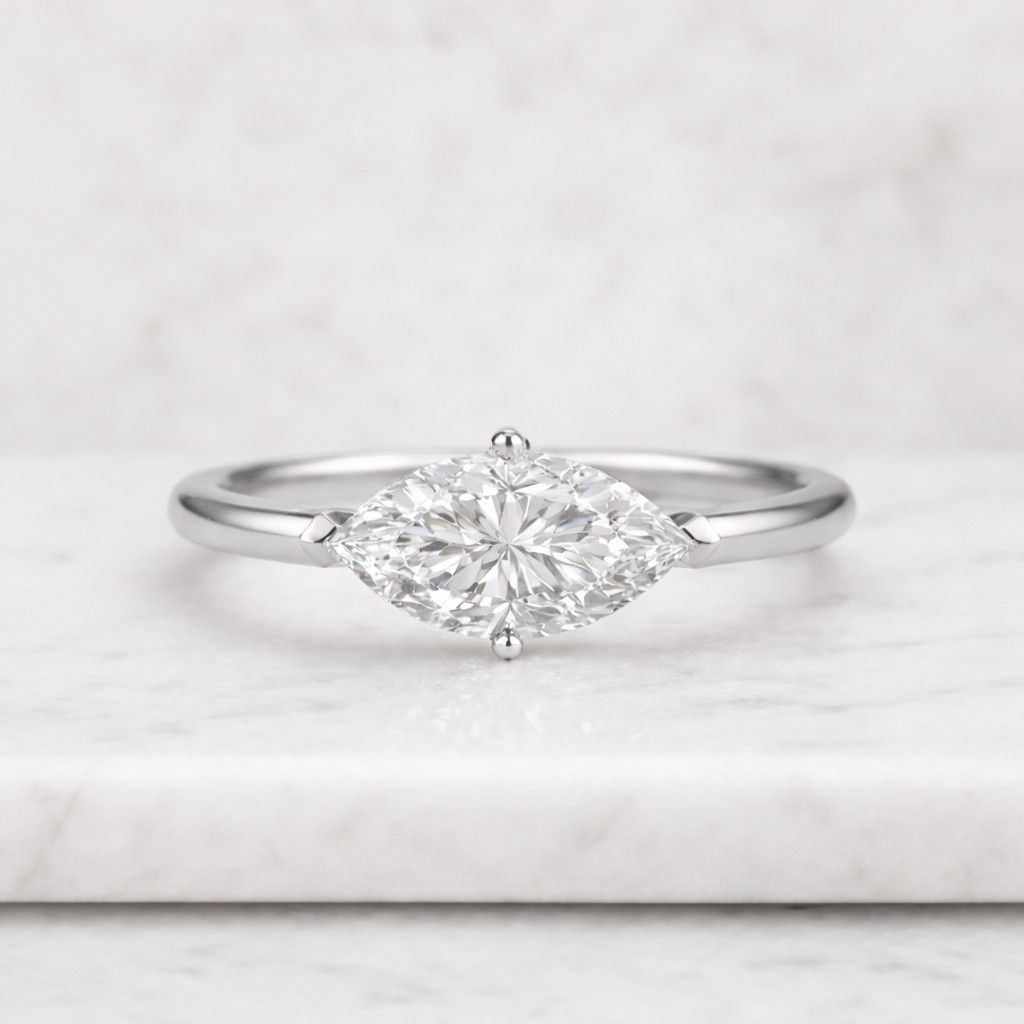 east west solitaire ring, marquise amazing diamond ring, 18k yellow gold moissanite ring, four prong set wedding ring, daily wear jewelry
