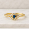 18K Solid Yellow Gold Diamond Blue Sapphire Evil Eye Minimalist Ring