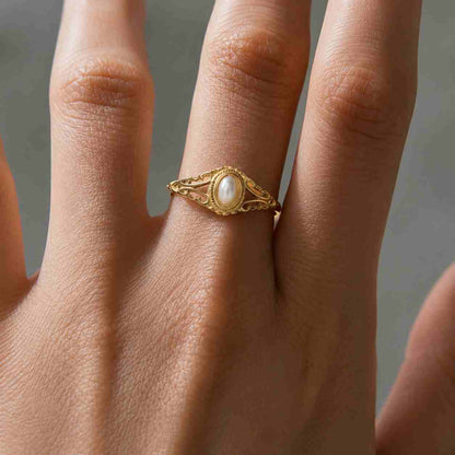 Edwardian Diamond Pearl Ring in 14K Yellow Gold
