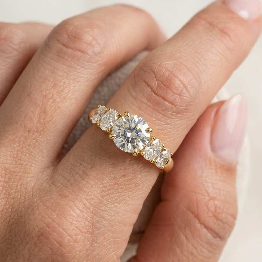 elegant 1.60 carat round brilliant diamond five stone anniversary ring in 14k yellow gold

