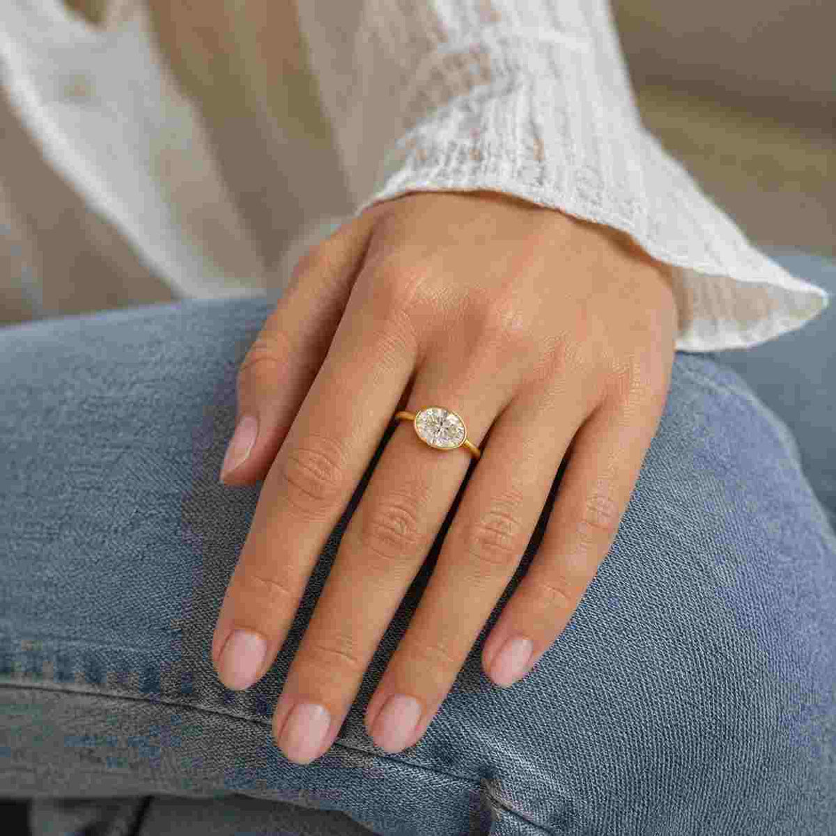 elegant oval moissanite bezel set engagement ring | 14k gold solitaire ring | modern minimalist proposal ring | anniversary gift
