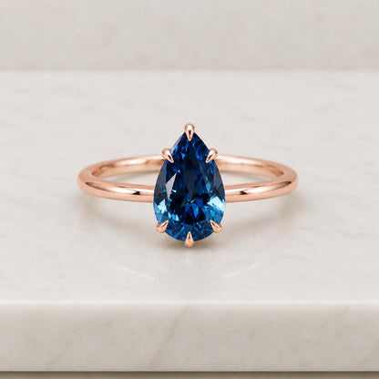Elegant Pear Cut Blue Sapphire Solitaire Ring | 14K Gold Plated Promise Ring | Deep Blue Gemstone Engagement Ring | Anniversary Gift
