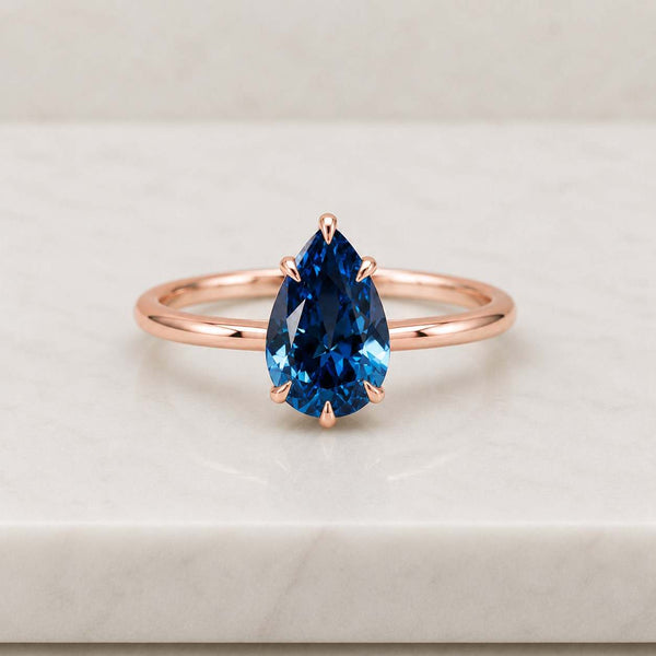Elegant Pear Cut Blue Sapphire Solitaire Ring | 14K Gold Plated Promise Ring | Deep Blue Gemstone Engagement Ring | Anniversary Gift
