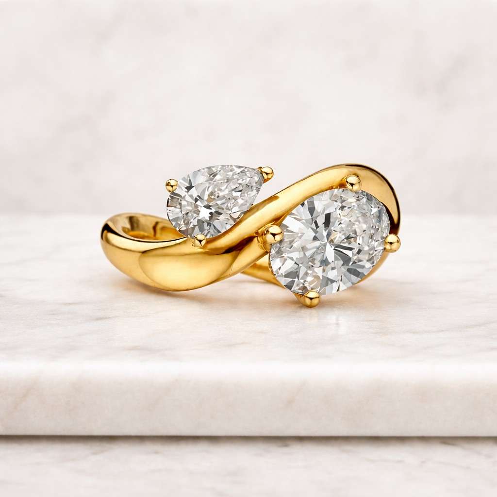 Unique Toi Et Moi Ring Set Solid Gold East West Tilted Oval Moissanite Ring Wave Floating Wedding Ring Minimalist Curved Band Christmas Gift