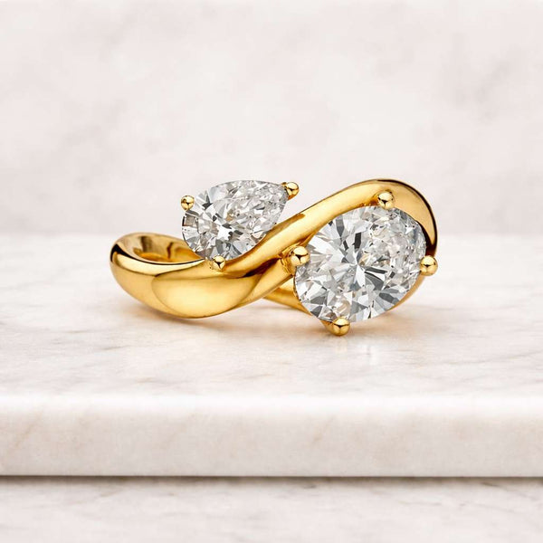 Unique Toi Et Moi Ring Set Solid Gold East West Tilted Oval Moissanite Ring Wave Floating Wedding Ring Minimalist Curved Band Christmas Gift