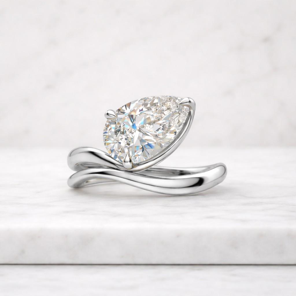 14k solid gold curved wedding band, pear cut lab grown diamond engagement ring, unique giftseast west teardrop ring,v shaped chevron ring