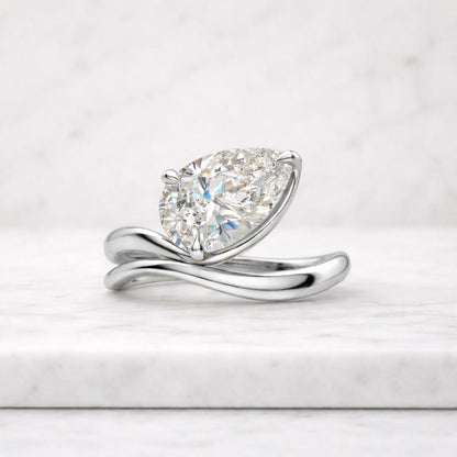 14K Solid Gold Curved Wedding Band, Pear Cut Lab Grown Diamond Engagement Ring, Unique GiftsEast West Teardrop Ring,V Shaped Chevron Ring