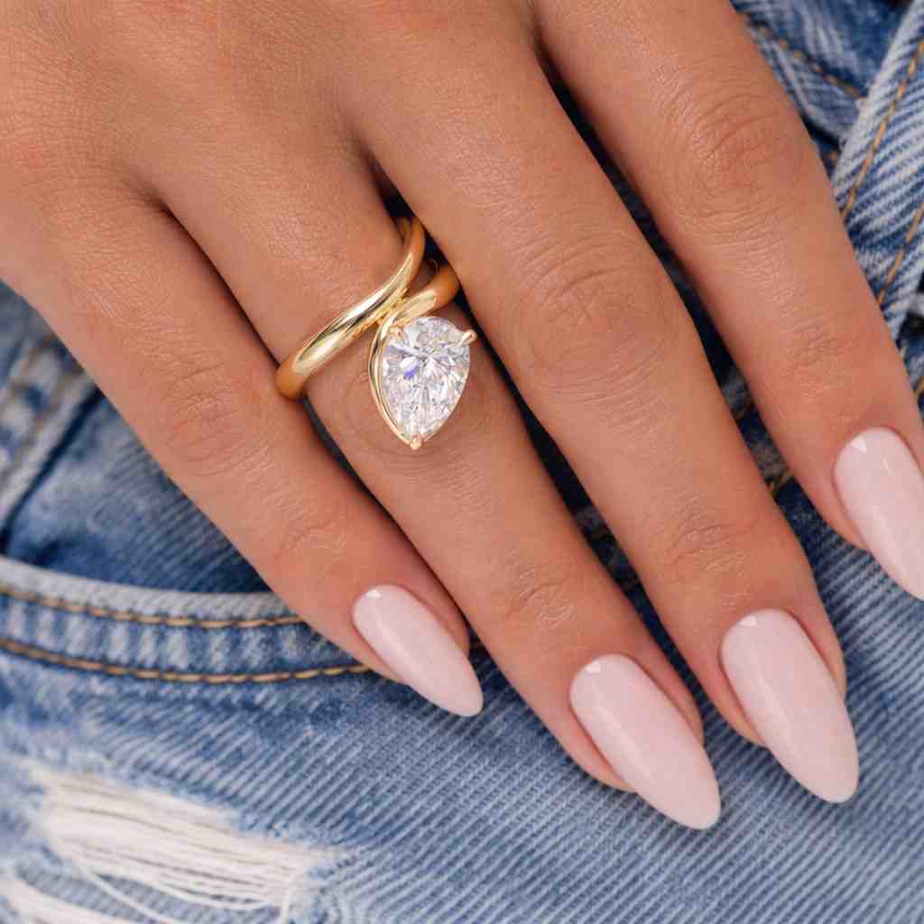 East West 2CT Pear Cut Moissanite Engagement Ring, Curve Band 14K Gold Solitaire Wedding Ring, Horizontal Anniversary Ring, Teardrop Ring