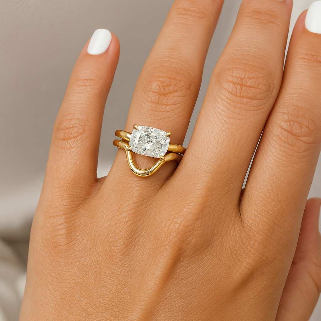 Elongated Crushed Ice Cushion Cut Solitaire Moissanite Wedding Ring 14k Solid Yellow Gold Ring Gorgeous 4 Claws Cathedral Band