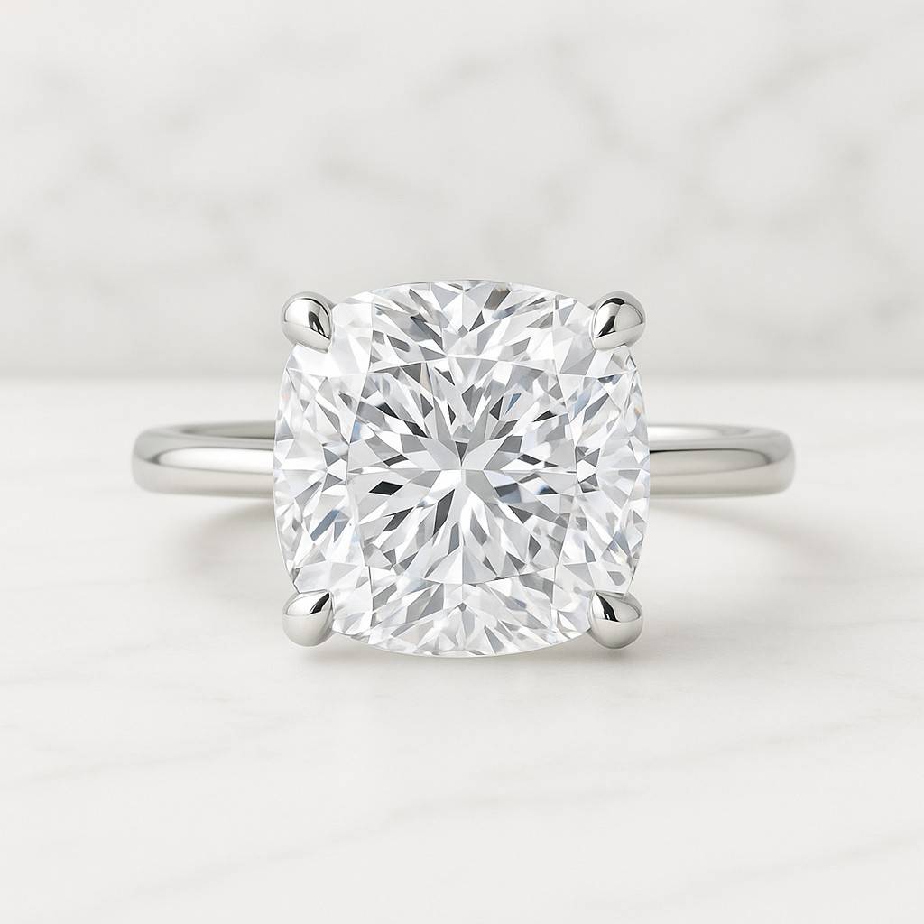 Cushion Cut Lab Grown Diamond Ring Solitaire Hidden Halo Engagement Ring Pave Cathedral Setting Anniversary Ring