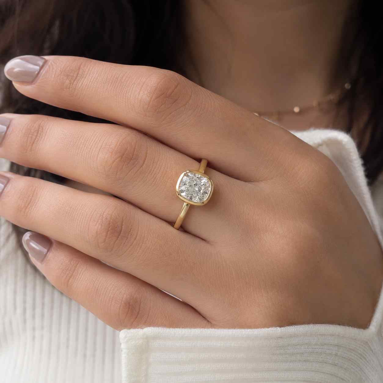 5.00 ct elongated cushion cut lab grown diamond bezel set ring, cushion diamond solitaire engagement ring, lab diamond ring for gift