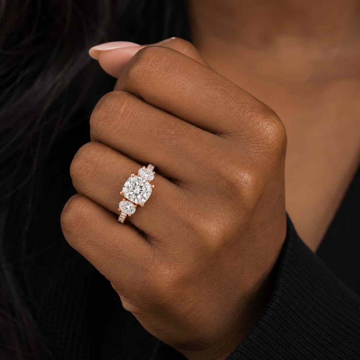 Elongated Cushion Cut Lab Grown Diamond Engagement Ring with Trillion Side Stones Three Stone Gold Ring 1–2 CT
