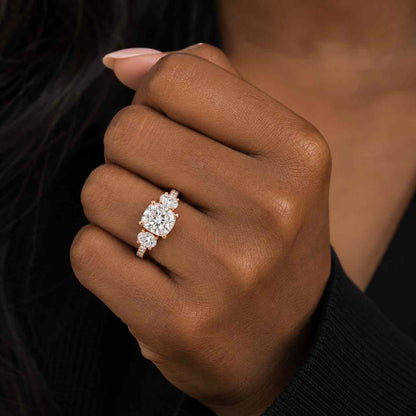 Elongated Cushion Cut Lab Grown Diamond Engagement Ring with Trillion Side Stones Three Stone Gold Ring 1–2 CT
