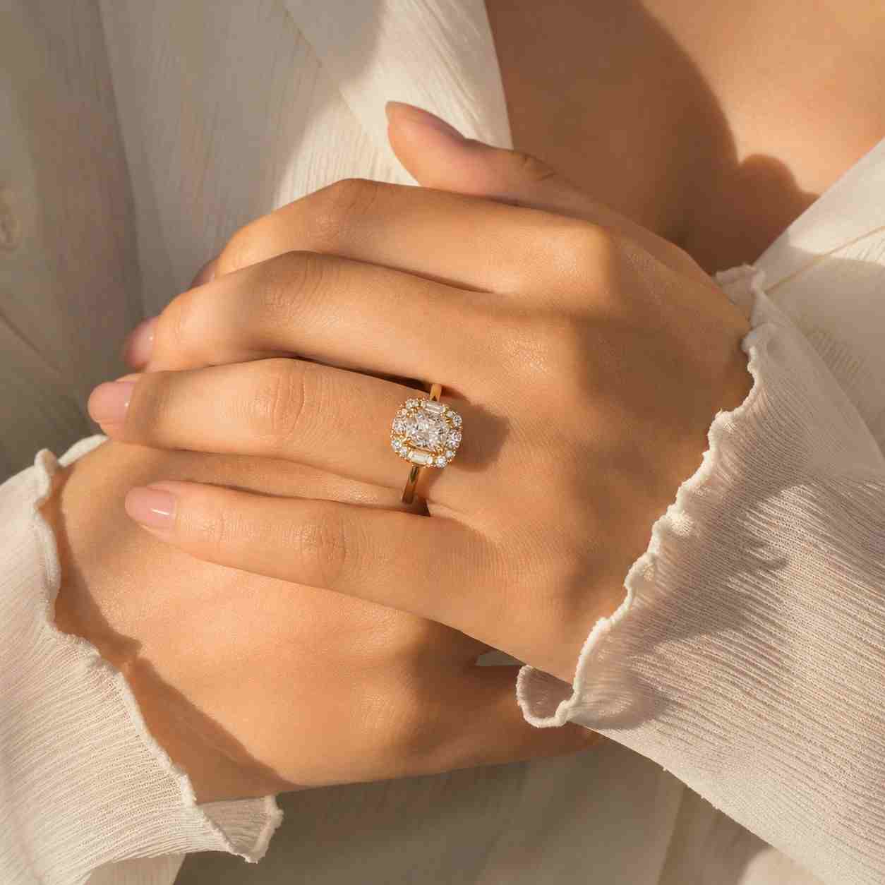 elongated cushion cut lab grown diamond halo engagement ring, d vvs2 igi certified diamond ring, cushion halo ring