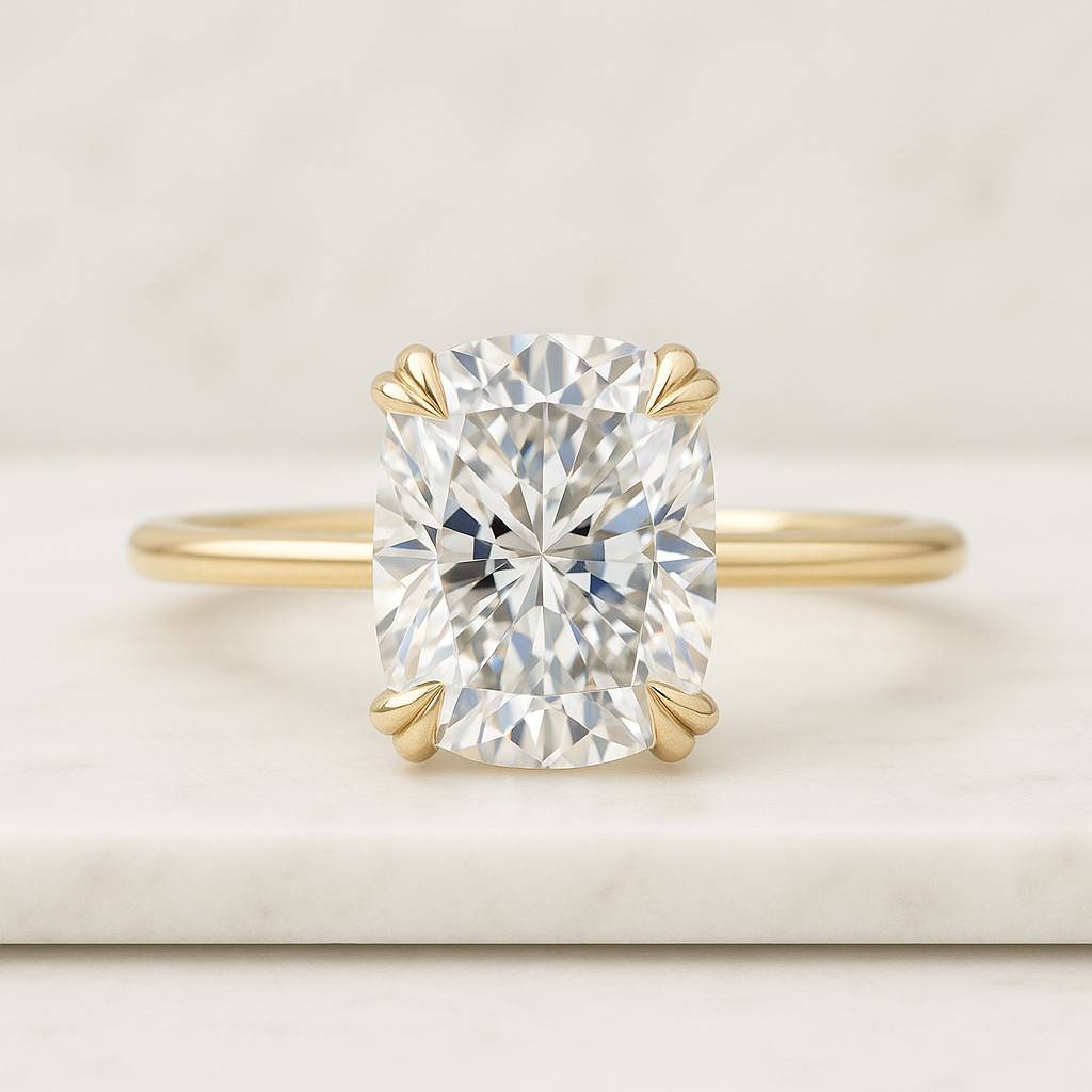 Elongated Cushion Cut Moissanite Diamond Ring Hidden Halo Set Engagement Ring 14k Yellow Gold Statement Ring Hidden Halo Ring Gold Promise Ring for Her