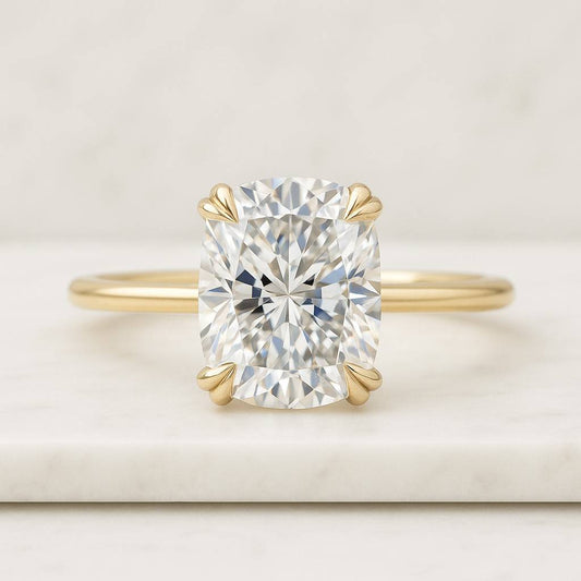 Elongated Cushion Cut Moissanite Diamond Ring Hidden Halo Set Engagement Ring 14k Yellow Gold Statement Ring Hidden Halo Ring Gold Promise Ring for Her