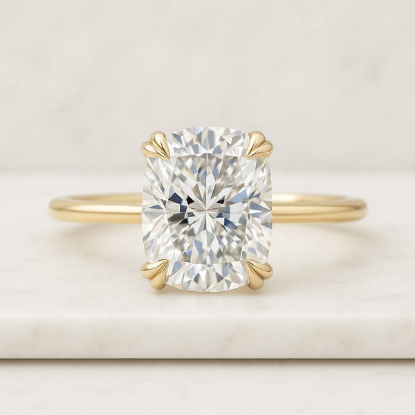 Elongated Cushion Cut Moissanite Diamond Ring Hidden Halo Set Engagement Ring 14k Yellow Gold Statement Ring Hidden Halo Ring Gold Promise Ring for Her