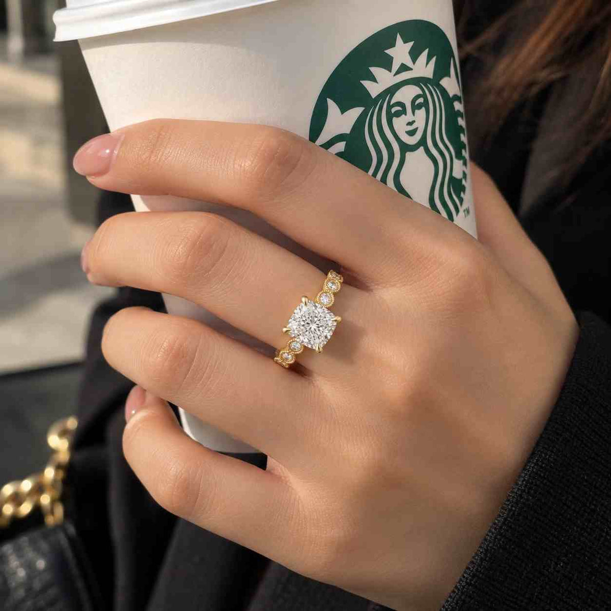 Elongated Cushion Cut Moissanite Engagement Ring with Side Three Stone Diamond, 10k Solid Gold Custom Long Cushion Solitaire Engagement Ring
